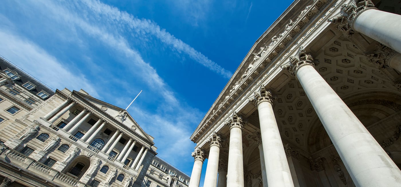 Sunny view of the facade of the Bank of England building
