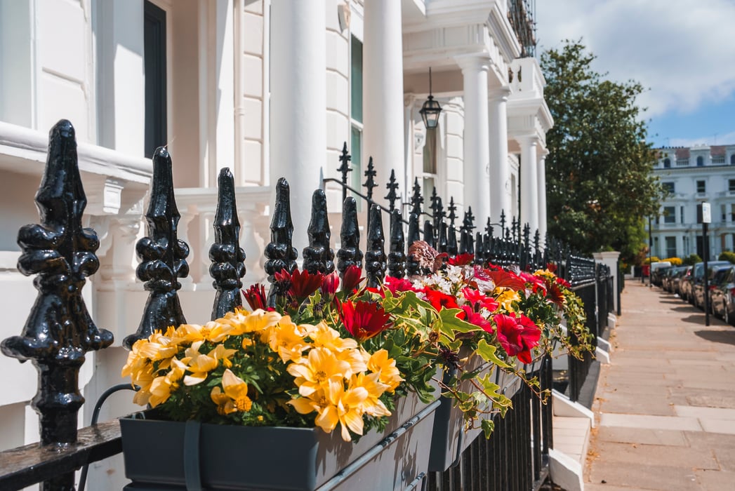 London apartment exteriors peppered with flower pots