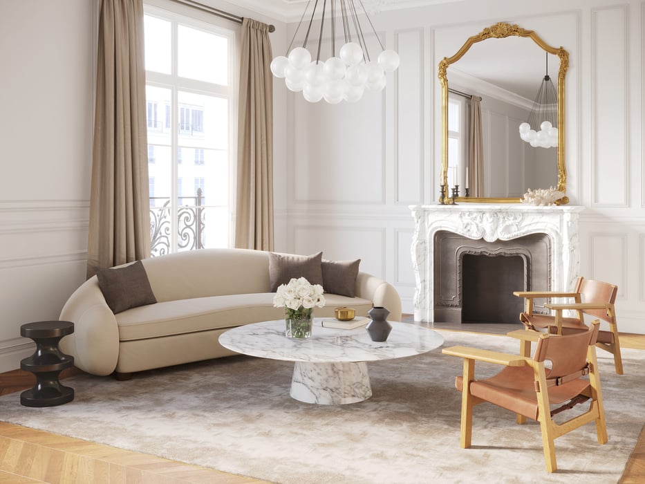 Image showing the inside of a luxury home interior, with chairs, sofa and a fireplace
