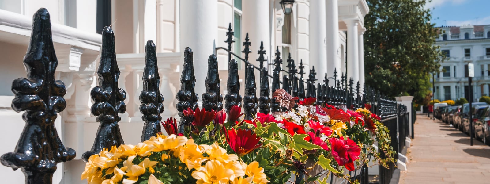 London apartment exteriors peppered with flower pots