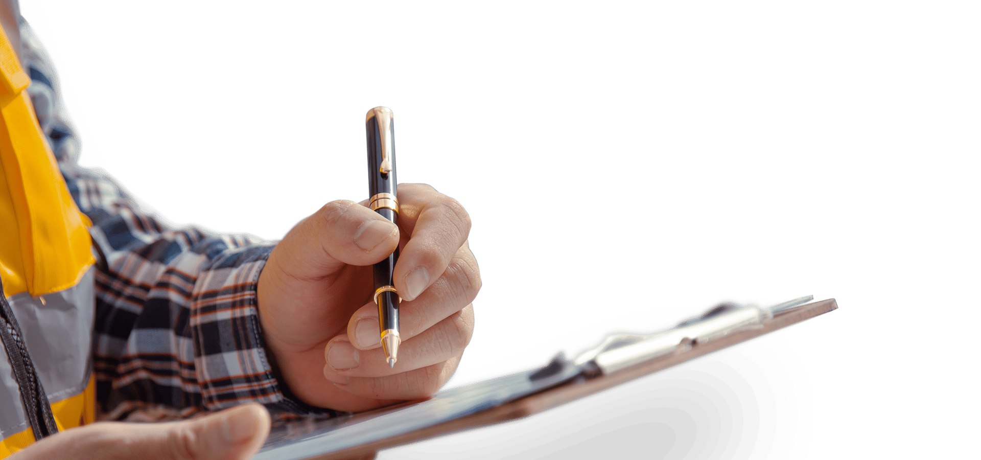 Person carrying out a building survey with pen and clipboard