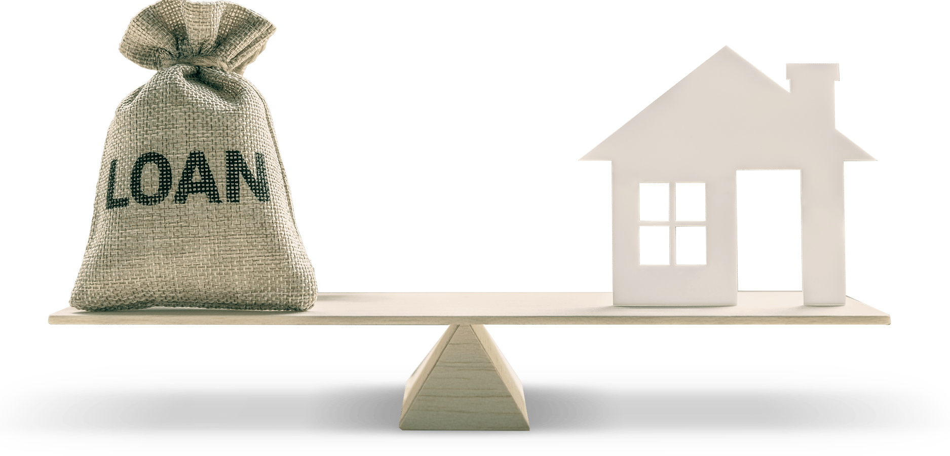 Seesaw image with loan bag on one end and house on the other