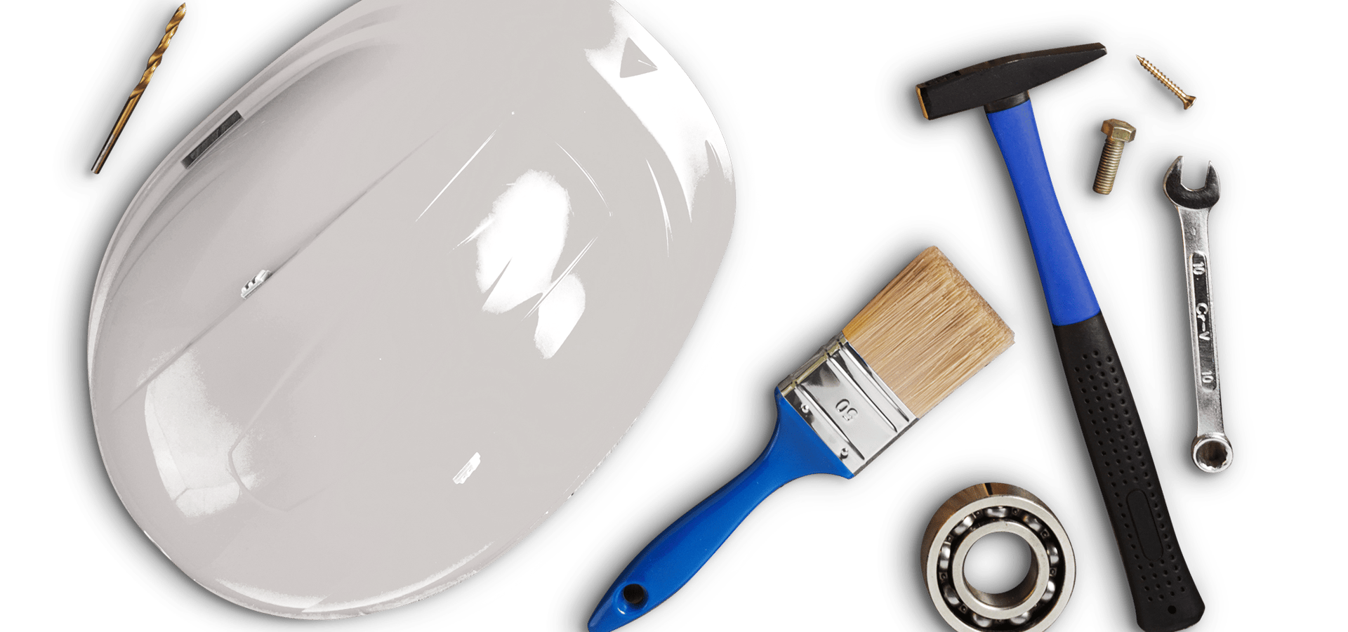 Hard hat and DIY tools including spanner, hammer and paintbrush