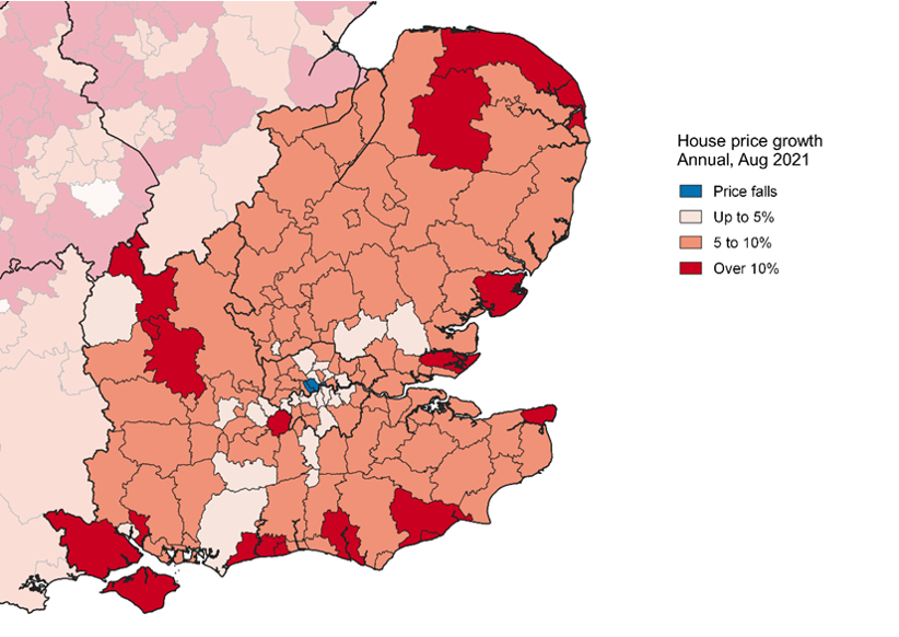 Figure 3 - annual house price growth at local authority level, August 2021