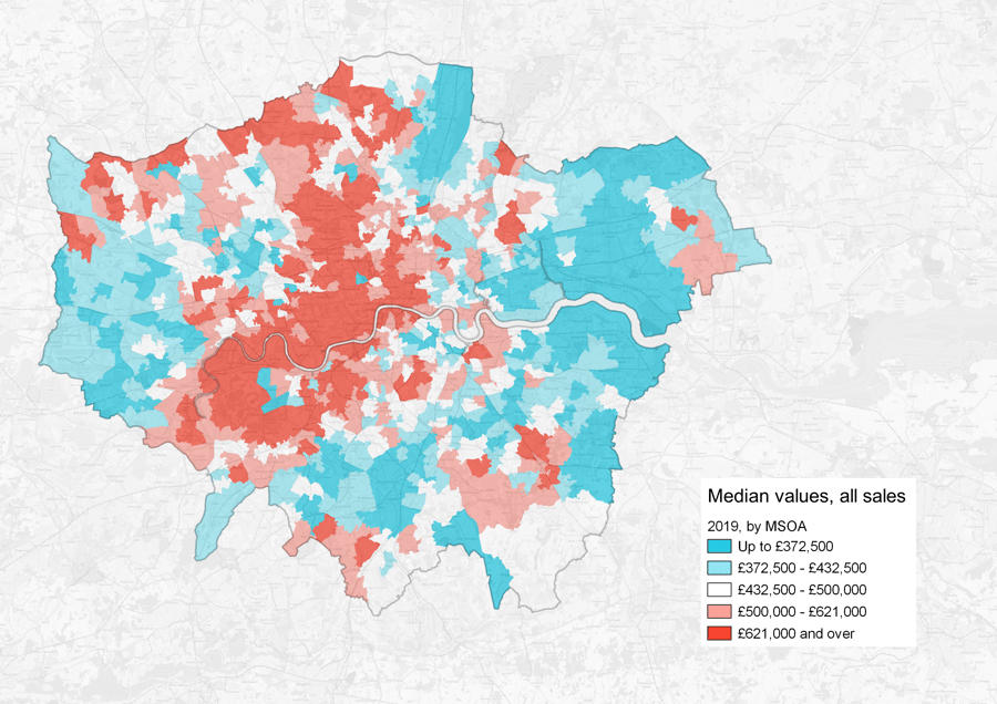 Figure 3: Median house prices, 2019, by MSOA