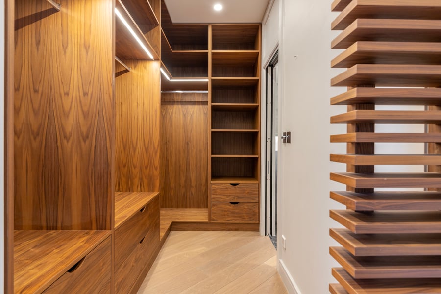 A walk-in wardrobe demonstrating that the handcrafted look can add a touch of personality to your home