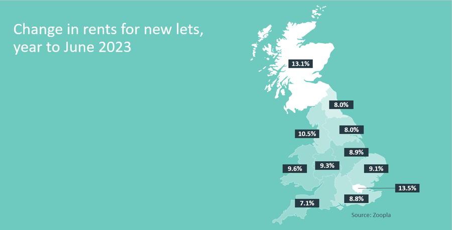 Q3 2023 map showing Change in rents for new lets year to June 2023_updated 7 Sep 2023